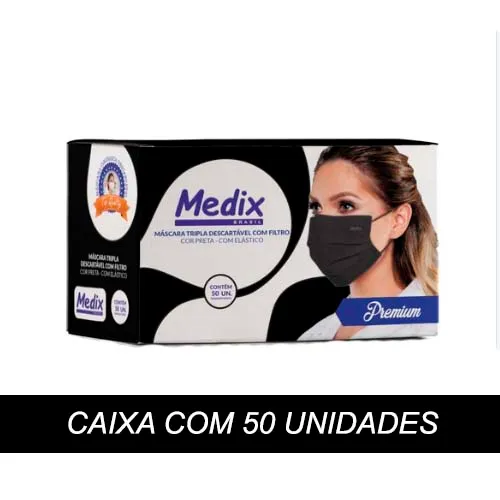 Máscara PRETA MEDIX Tripla Descartável com Filtro (BFE 95%) - Caixa 50 Unidades