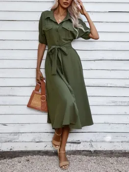 vestido camisa bolso com aba com cinto