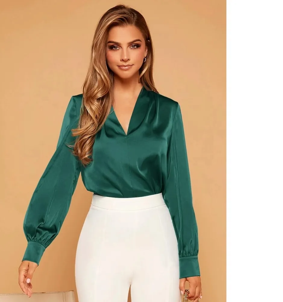 Blusas Gola V Manga da lanterna Cetim