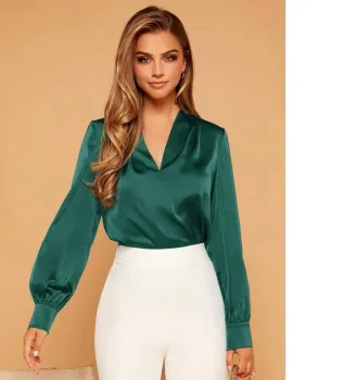 Blusas Gola V Manga da lanterna Cetim