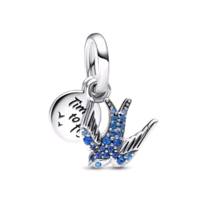 Berloque pendente duplo andorinha zirconia azul – em Prata925 Imagem