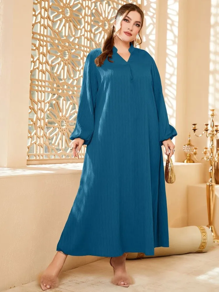 Vestido de túnica decote entalhado manga da lanterna
