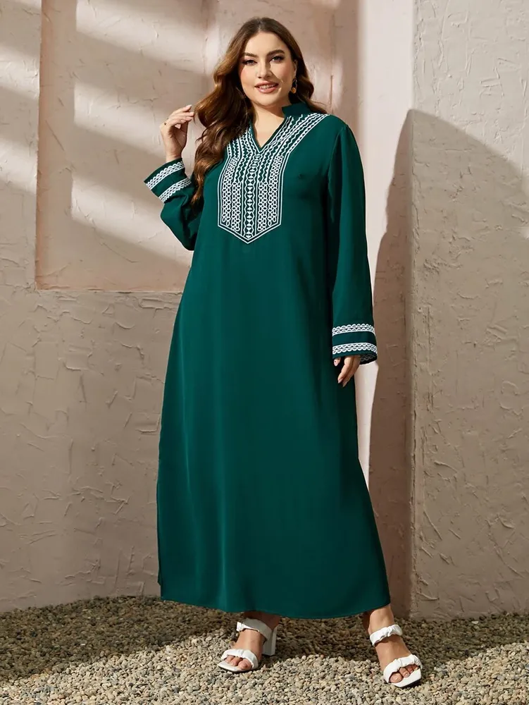 Vestido geo bordado decote entalhado bainha dividida Imagem