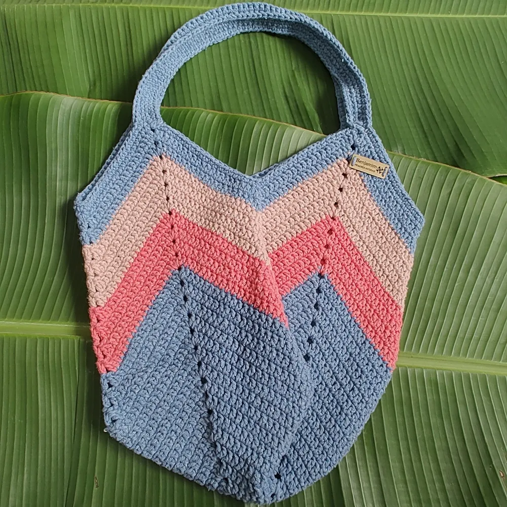 Bolsa de Crochê Quadrada Chevron Azul, Coral, Nude (G) 16