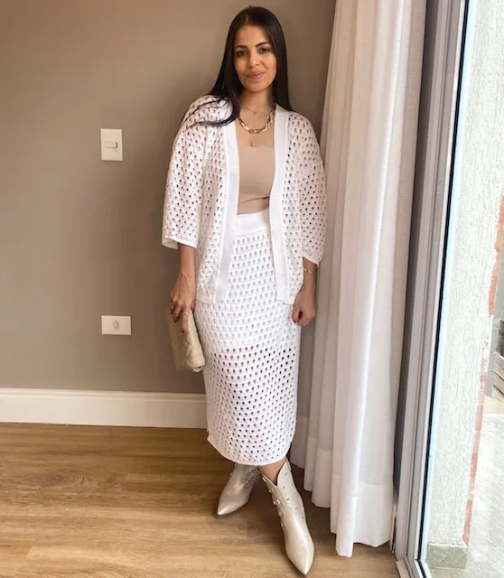 CONJUNTO CARDIGAN E SAIA EM TRICOT - BRANCO