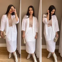 CONJUNTO CARDIGAN E SAIA EM TRICOT - BRANCO - Foto 3