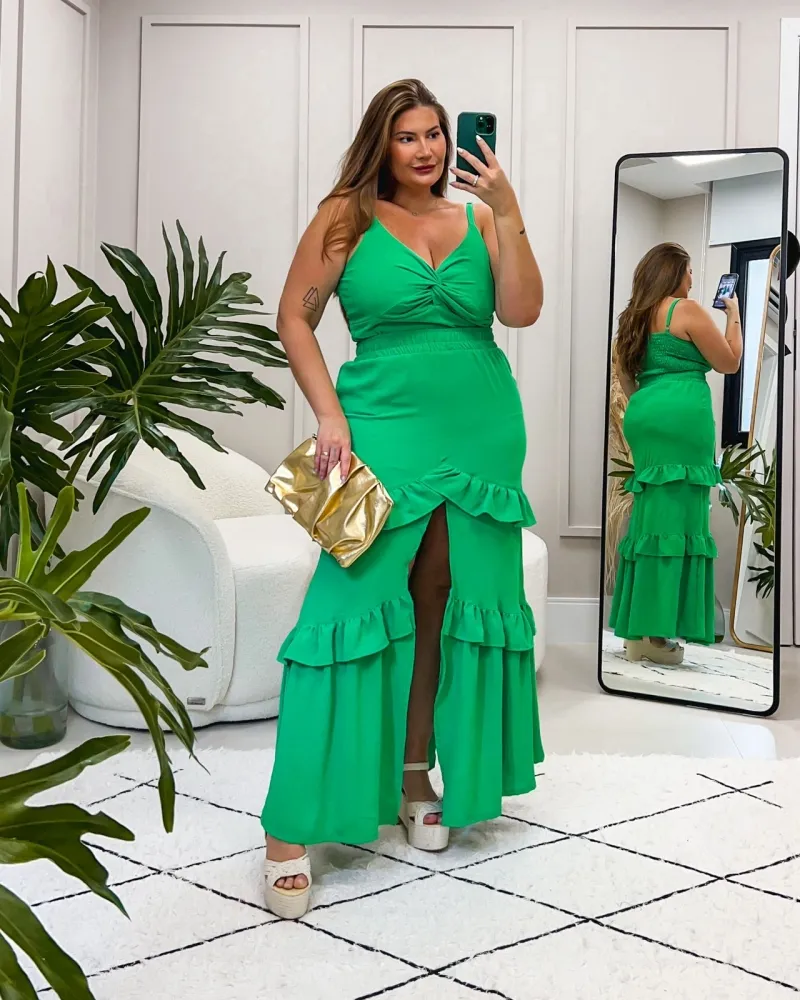 Conjunto Cropped Saia Longa Maria Francia Verde Imagem