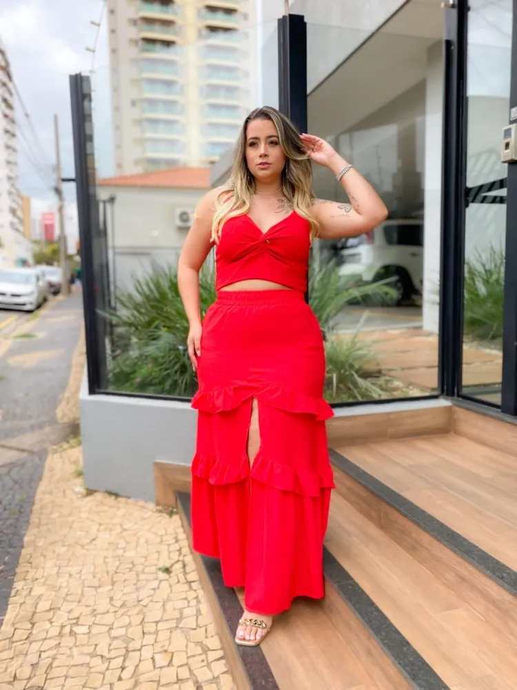 Conjunto Cropped Saia Longa Maria Francia Vermelho