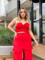 Conjunto Cropped Saia Longa Maria Francia Vermelho - Foto 4