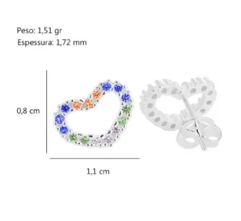 Brinco Prata Coração Zircônia Achatado Coloridas 1,1x0,8cm - Foto 2