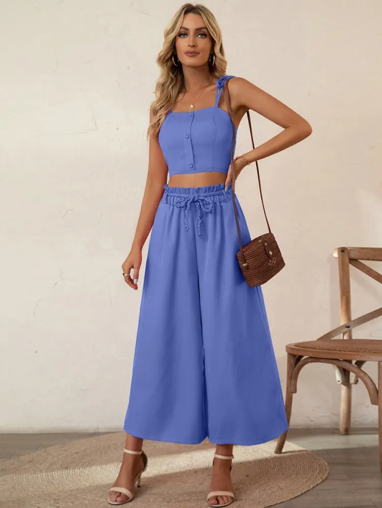 Conjunto Cropped alça com Calça pantalona tecido poliéster em crepe
