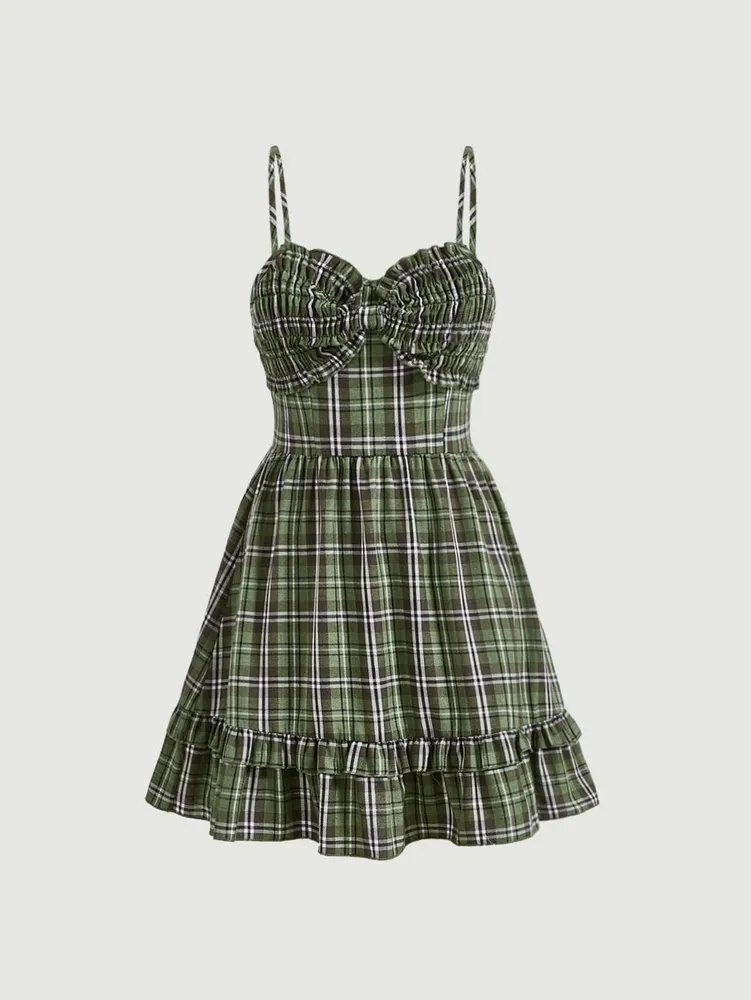Vestido cami impressão xadrez bainha com babado Imagem