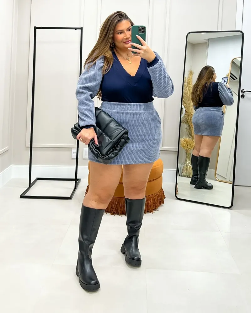 Conjunto Blusa Saia Shorts Cotelê Maria Francia Azul Imagem