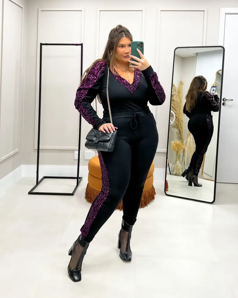 Conjunto Moletinho Paetês Maria Francia Preto/Rosa