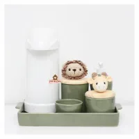 Safari - Kit Higiene  - 6 peças - Cores - Bandeja Cerâmica - Leão + Girafa - Foto 3