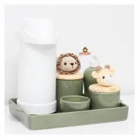 Safari - Kit Higiene  - 6 peças - Cores - Bandeja Cerâmica - Leão + Girafa - Foto 4