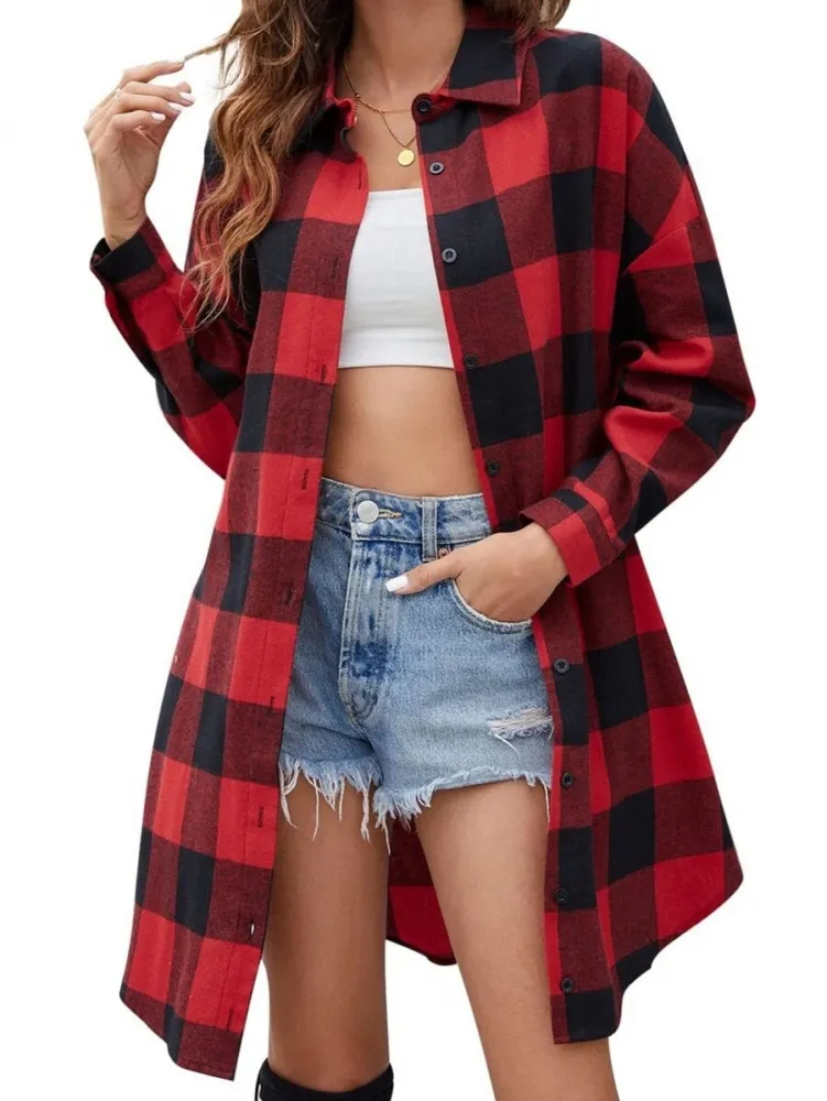 Camisa Casual de Xadrez Solta com Manga Enrolada e Botão Único para Mulheres