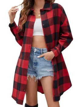 Camisa Casual de Xadrez Solta com Manga Enrolada e Botão Único para Mulheres