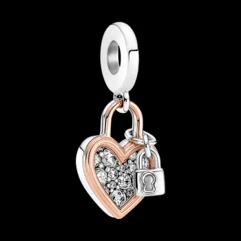 Berloque pendente duplo cadeado de coracao – em Prata925