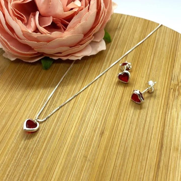 Conjunto de Prata 950 - Coração Vermelho - CJT201