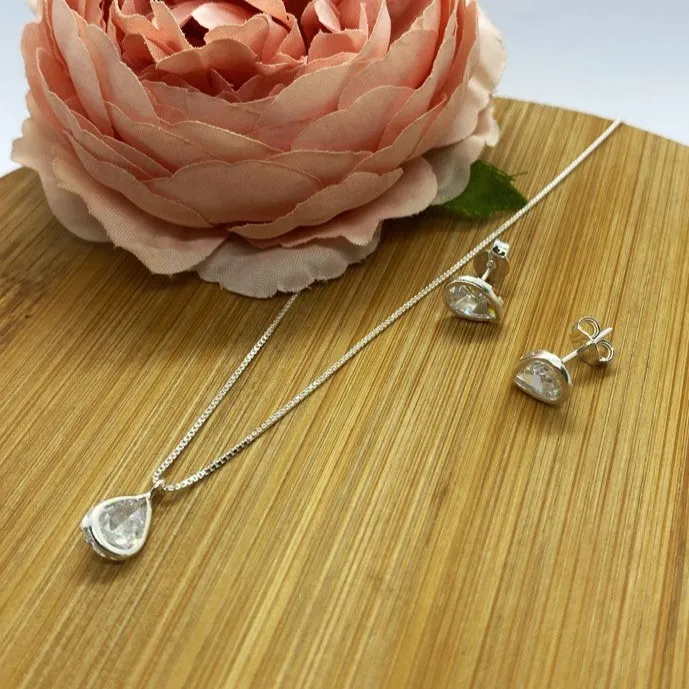 Conjunto de Prata 950 - Gota Branco  - CJT202