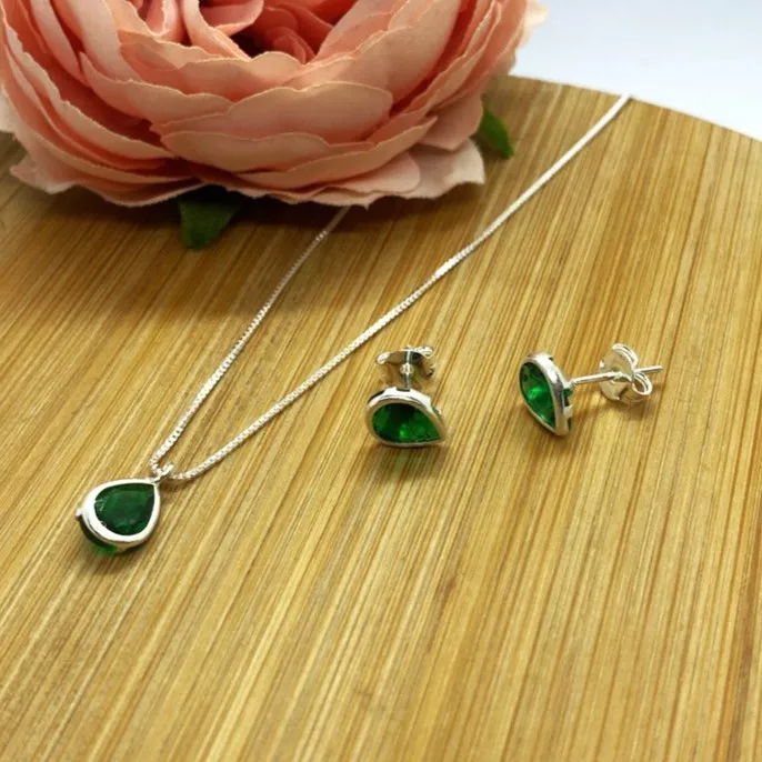 Conjunto de Prata 950 - Gota Verde - CJT202