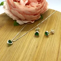 Conjunto de Prata 950 - Coração Verde - CJT201