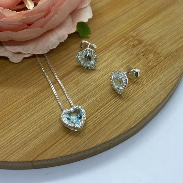 Conjunto de Prata 950 -  Coração Água Marinha - CJT302AM