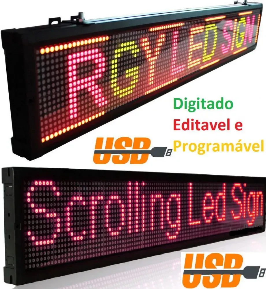 Painel Display Letreiro Led 130cm X 20cm Vermelho WI-FI interno