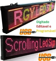 Painel  Display Letreiro Led 200cm X 20cm Vermelho WI-FI Externo