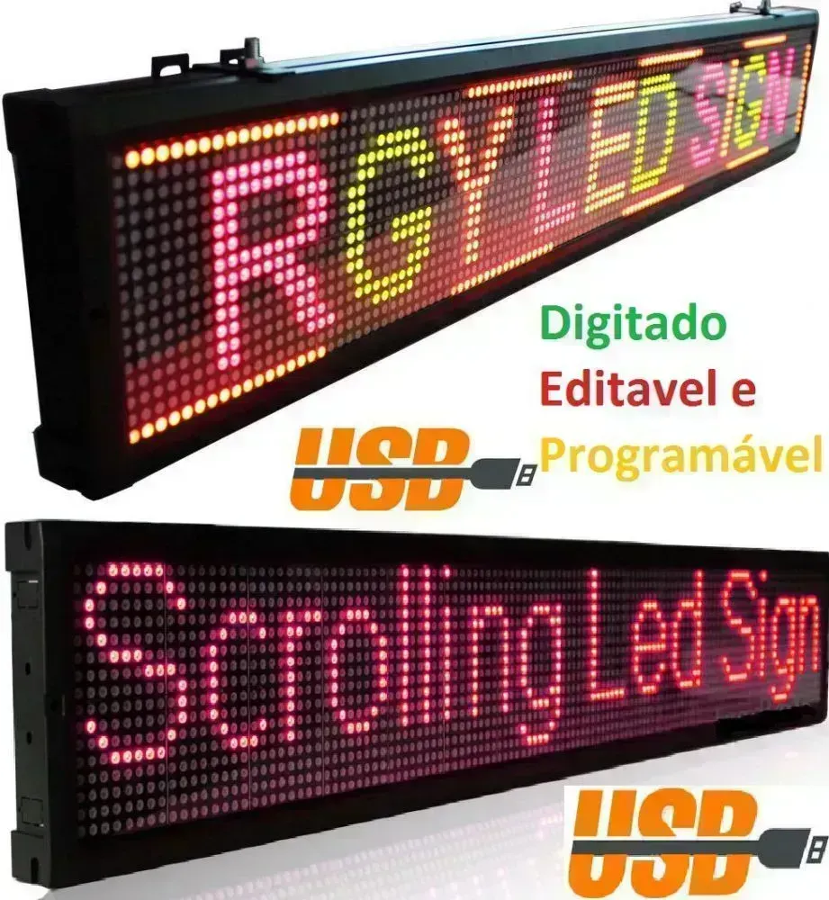 Painel  Display Letreiro Led 160cm X 40cm Vermelho WI-FI Externo