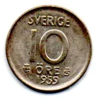 Suécia - 1959 - 10 Ore - Prata .400 - Aprox. 1,44g - 15mm