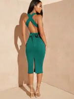  Vestidos Sólido Criss cross Amarrado sem costas Bainha dividida - Foto 2