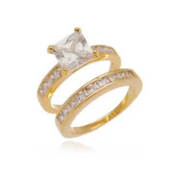 Anel duplo dourado pedras cravejadas zircônias transparente pedra central cristal com cor semijoia de luxo banhado a ouro 18k - Foto 2