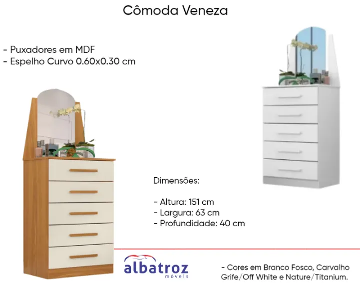 Cômoda Veneza 4 gavetas e espelho