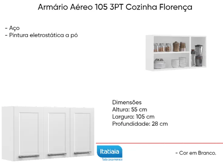 Armário Aéreo 105 3 PT Cozinha  Aço Florença Itatiaia 