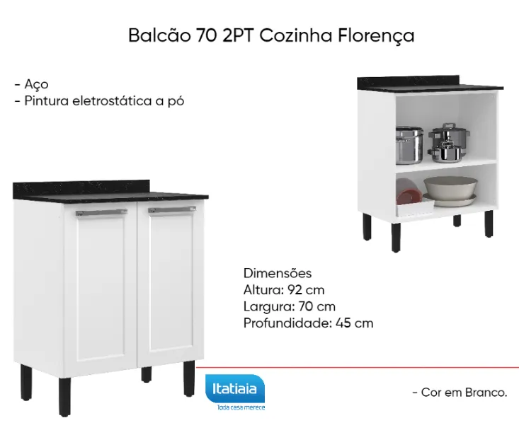 Balcão 70 2 PT  aço Cozinha Florença Itatiaia Imagem