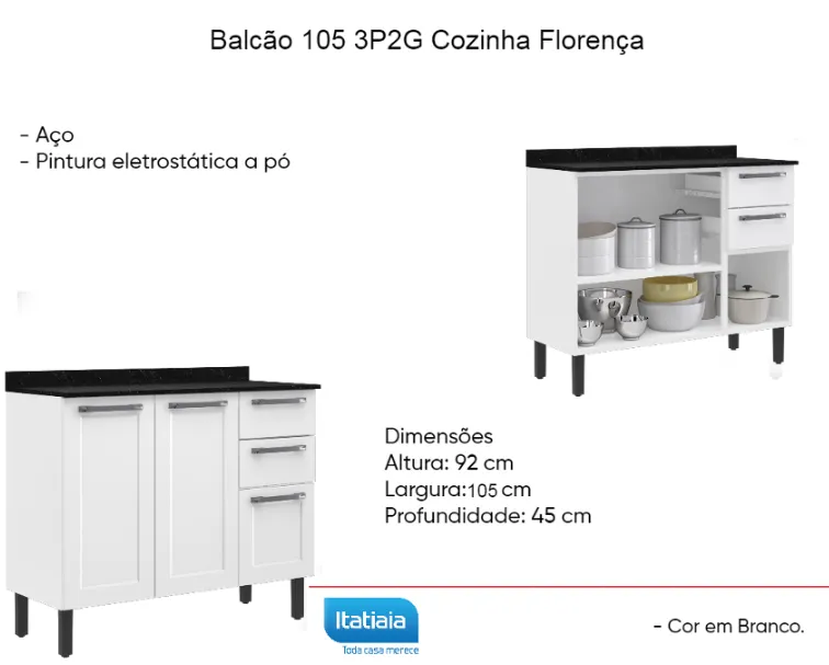 Balcão 105 aço  3P2G Cozinha Florença Itatiaia