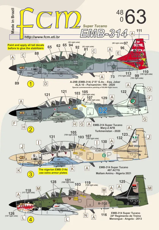 Decal Emb-314 Super Tucano Fcm 48063 1/48 Decalque Brasil, Angola Etc. Imagem