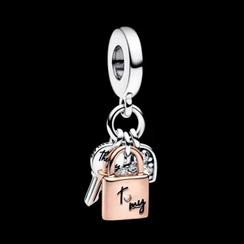 Berloque pendente triplo chave, cadeado coracao dois tons – em Prata925