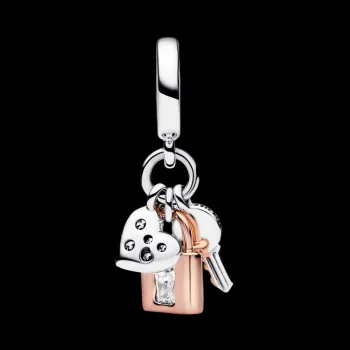 Berloque pendente triplo chave, cadeado coracao dois tons – Inspiração Pandora - Foto 2