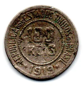 1919 - 100 Réis - Moeda Brasil - C/ Mossa e danos
