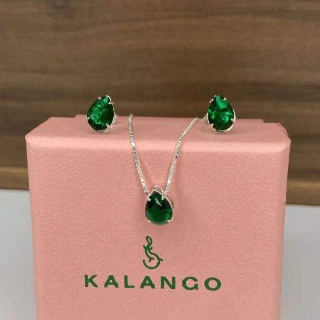 Conjunto de prata ponto de luz gota - Verde Esmeralda  - CJ337VE Imagem