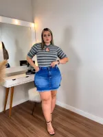 Cropped Canelado Diva's Voga Manga Princesa Listrado Cinza - Foto 3