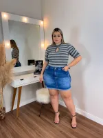Cropped Canelado Diva's Voga Manga Princesa Listrado Cinza - Foto 4