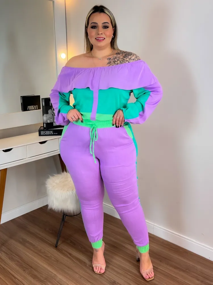 Conjunto Viscolinho Maria Francia Lilás/Verde Imagem