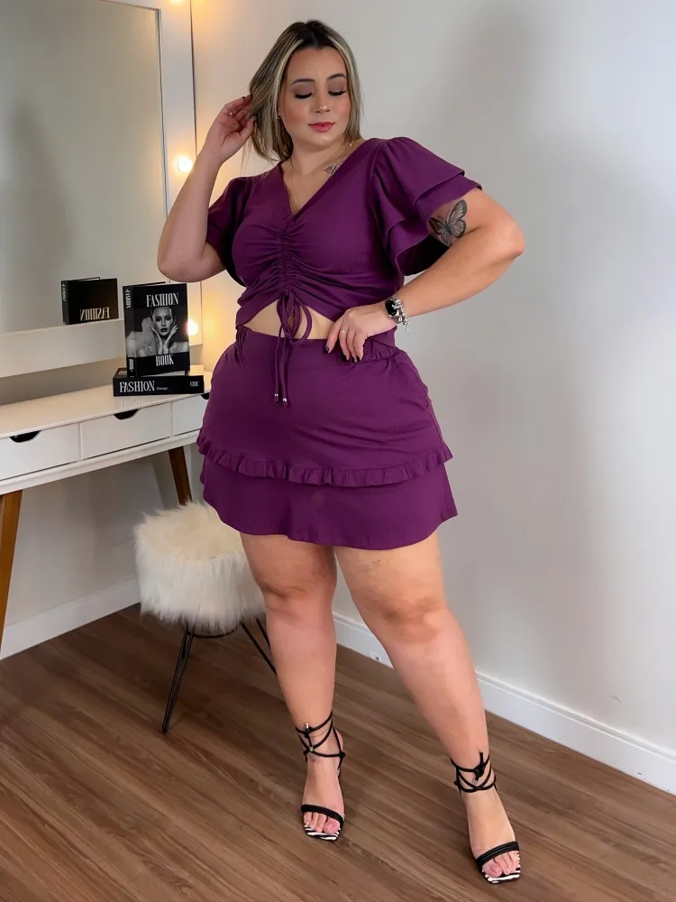 Conjunto Cropped Saia Shorts Canelado Maria Francia Vinho