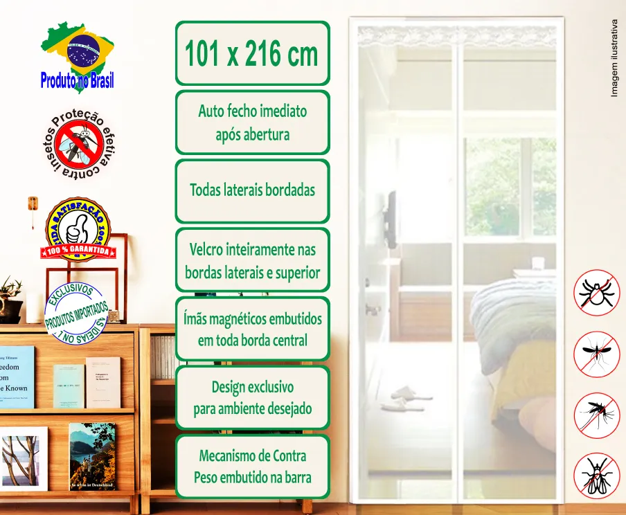 Tela cortina magnética contra insetos, branca listrada vertical 101 x 215 cm