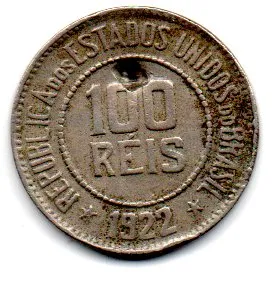 1922 - 100 Réis - Moeda Brasil - C/ Dano / Mossa