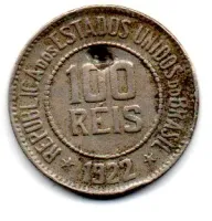 1922 - 100 Réis - Moeda Brasil - C/ Dano / Mossa